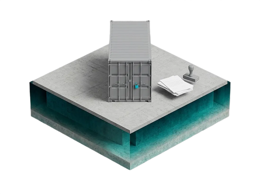 Clearance documents and a stamp on a cut block, in isometric perspective.