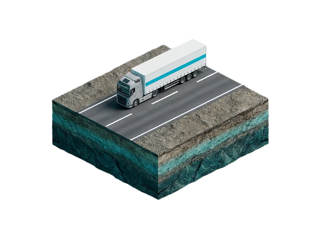 Freight truck crossing a cut block of road, seen in isometric perspective.