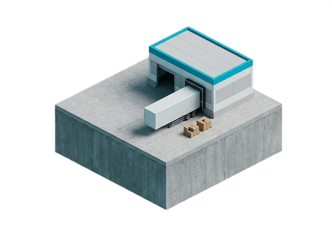 Logistics warehouse on a cut block of ground, seen in isometric perspective.